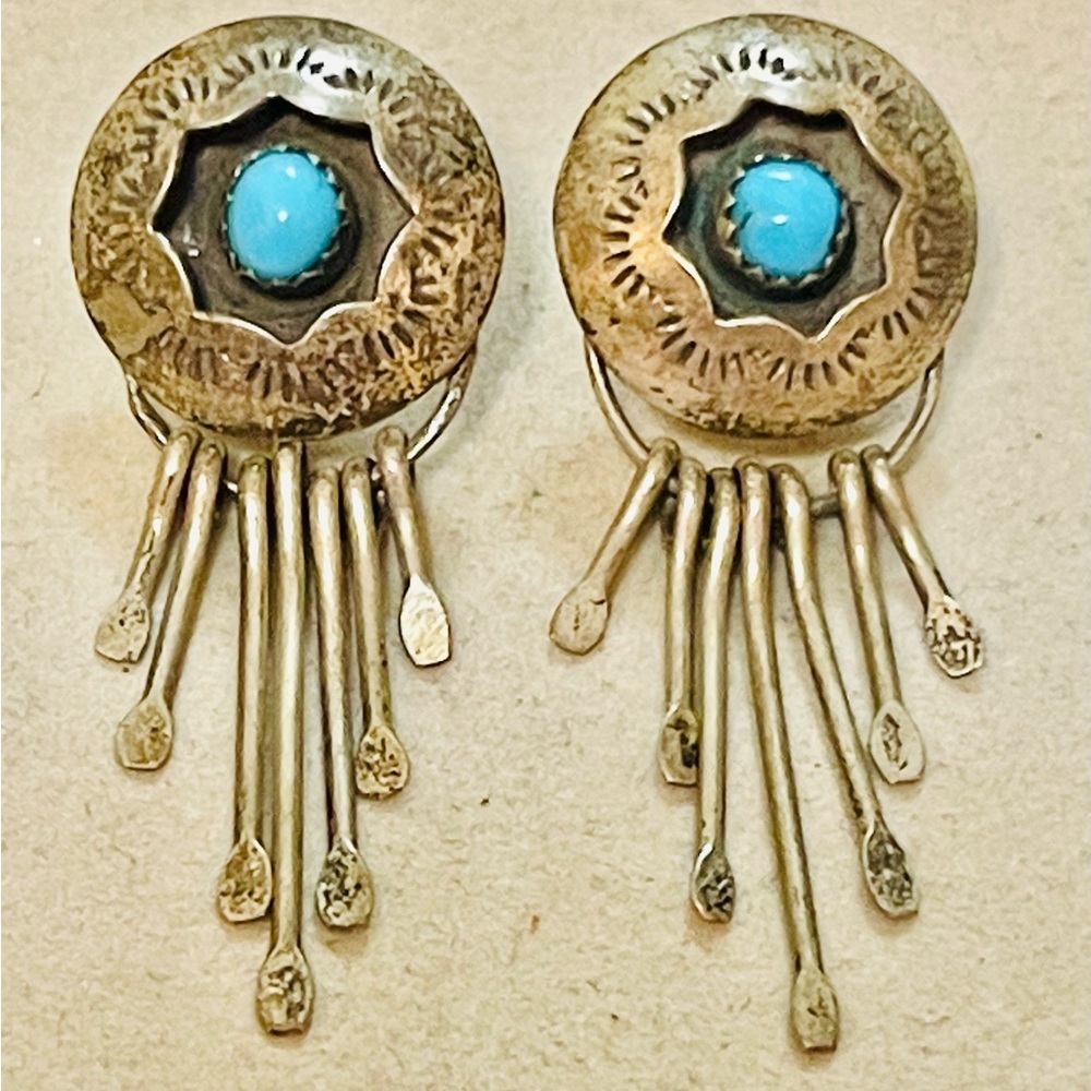 VTG Sterling Silver Native American Navajo turquoise shadowbox Earrings